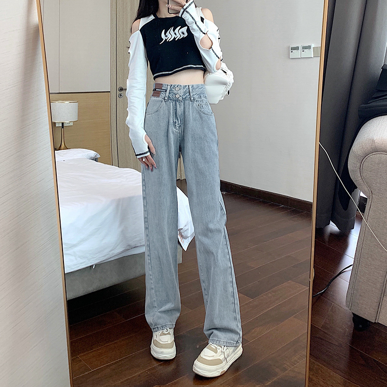 簡約ins牛仔褲女2023新款秋冬高腰寬鬆顯瘦百搭闊腿拖地牛仔褲子