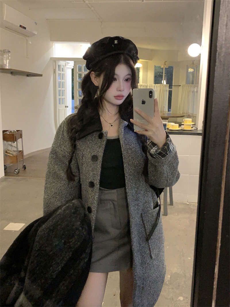 實拍~秋冬加厚寬鬆韓系穿搭氣質高級灰毛呢大衣外套女