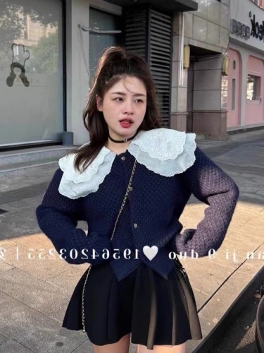 韩系甜美荷叶边娃娃领针织开衫女秋冬新款软糯减龄设计感毛衣外套