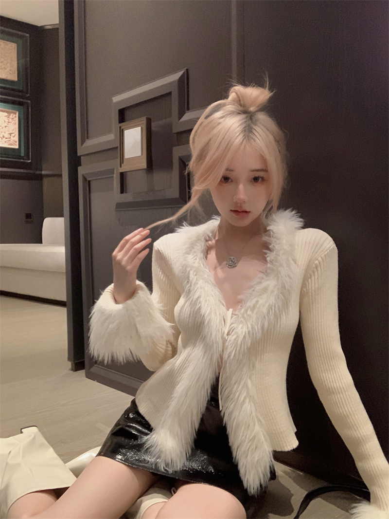 實拍 拼接長毛綁帶彈力毛毛袖修身顯瘦開衫