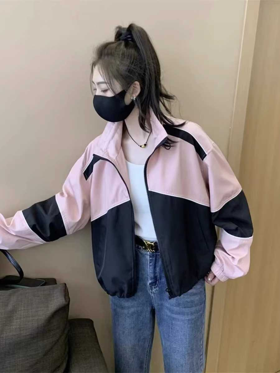 衝鋒衣外套女短款2023秋季新款小個子休閒百搭寬鬆拼色棒球服上衣