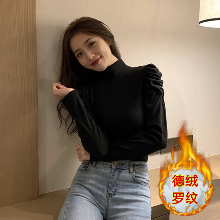 加厚德絨半高領內搭打底衫女修身小眾泡泡袖長袖t恤上衣