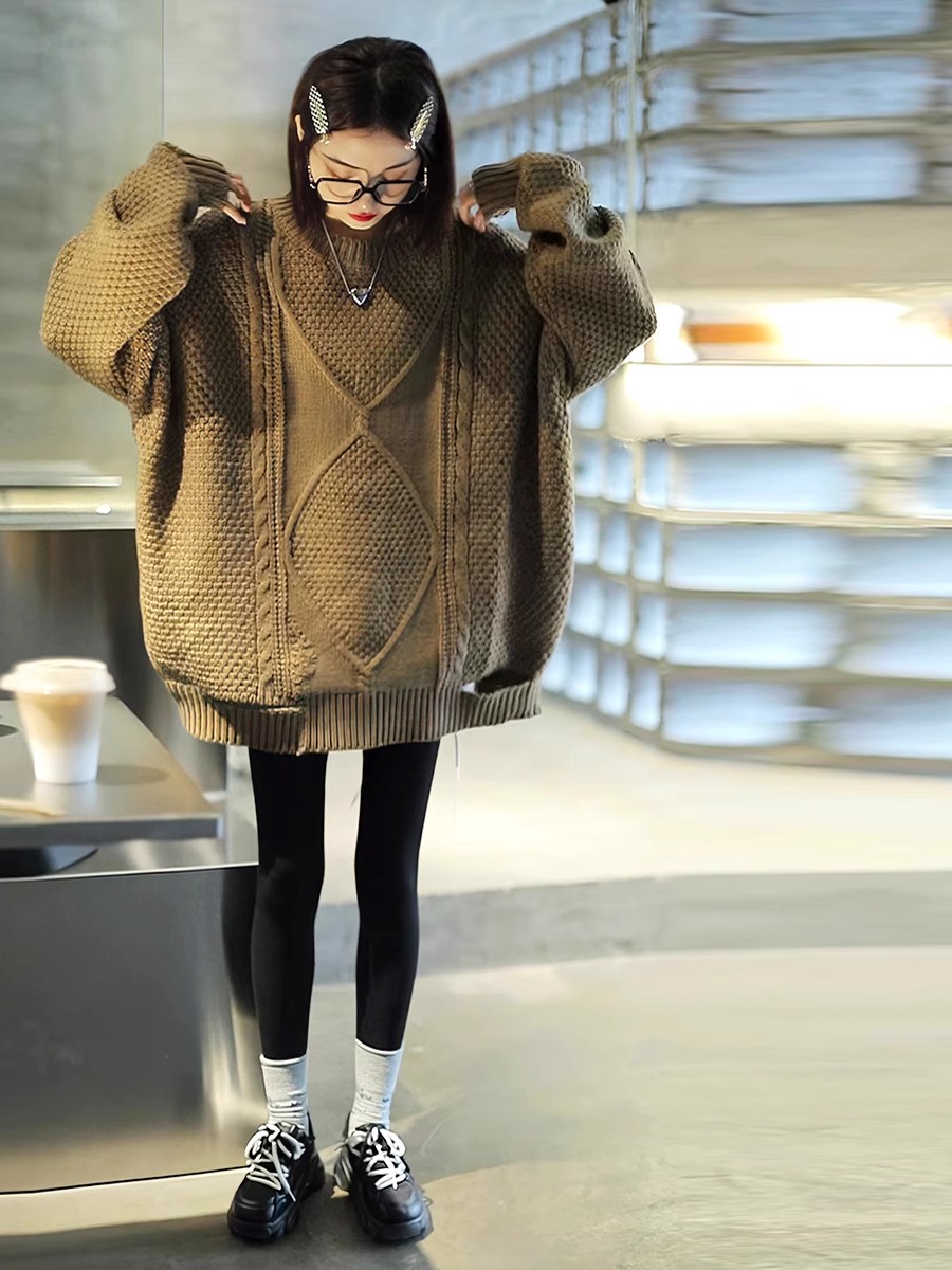 BF慵懶風麻花毛衣女2023春秋韓版時尚復古寬鬆套頭針織外穿上衣潮