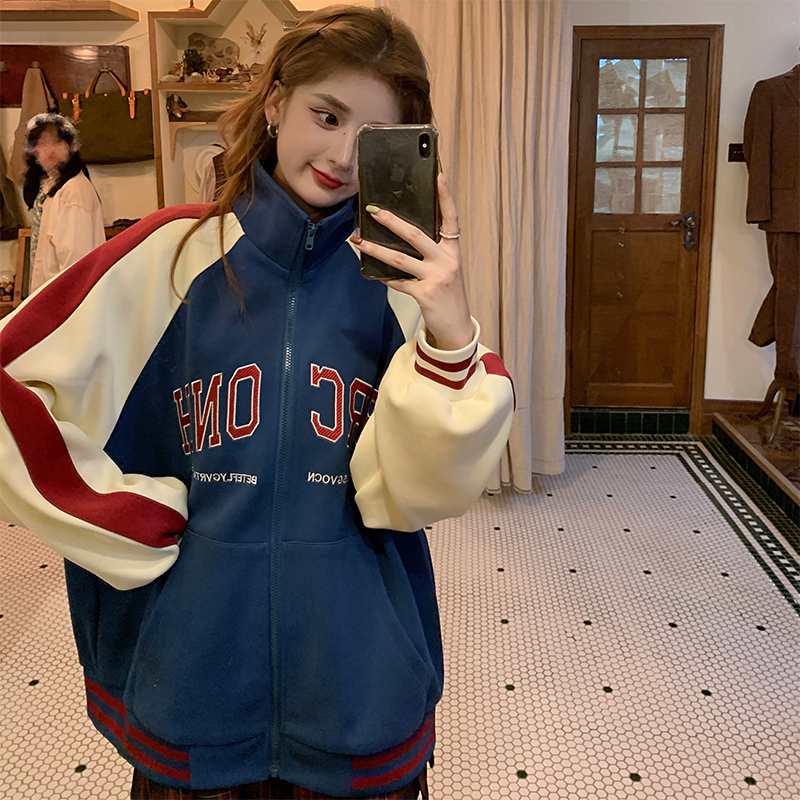American retro velvet loose jacket baseball uniform cardigan coat women's autumn and winter bf workwear style stand-up collar niche top