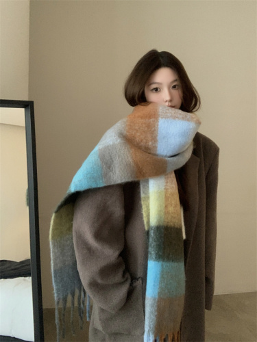 Real price plaid tassel scarf rainbow color block scarf imitation cashmere mohair shawl thickened scarf