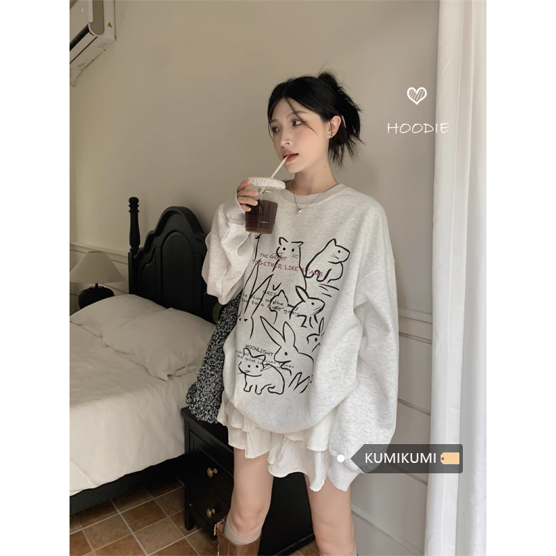 美式復古寬鬆套頭長袖灰色加絨衛衣女秋冬慵懶風設計感上衣