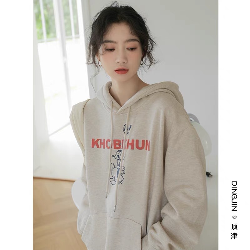寬鬆韓版印花連帽衛衣女秋冬2023新款設計感小眾加絨加厚學生上衣