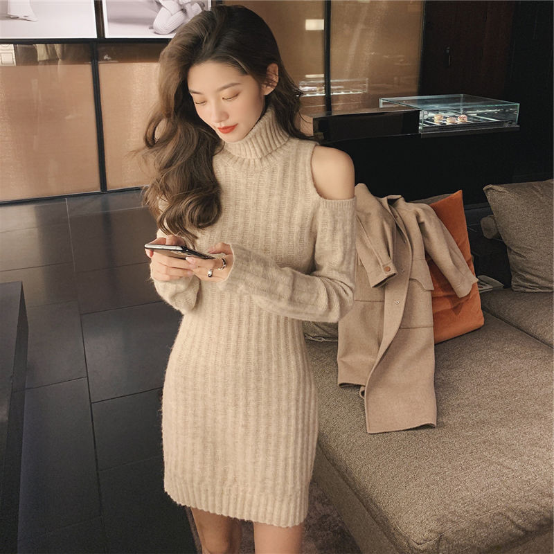綿羊絨  高領針織連衣裙女秋冬內搭露肩毛衣打底包臀裙子
