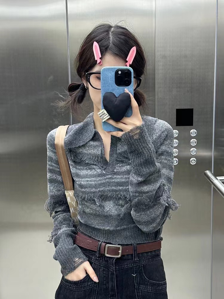 短款v領毛衣女秋季慵懶風修身流蘇設計感小眾針織衫長袖套頭上衣