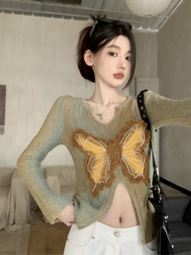 辣妹开叉修身长袖针织衫女秋季新款蝴蝶设计感显瘦打底毛衣