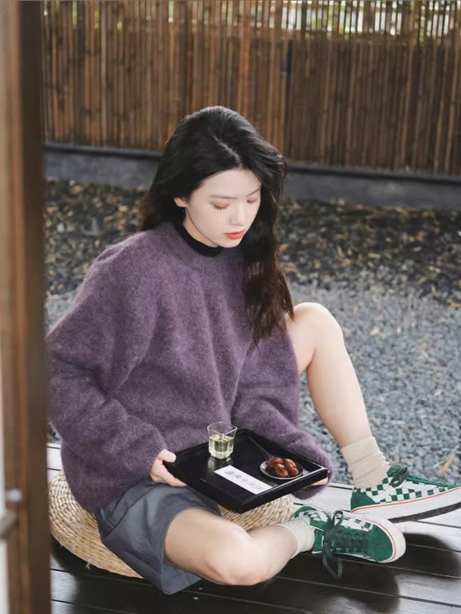 歐貨紫色浣熊絨毛衣女秋冬季加厚內搭打底衫寬鬆慵懶風套頭針織衫
