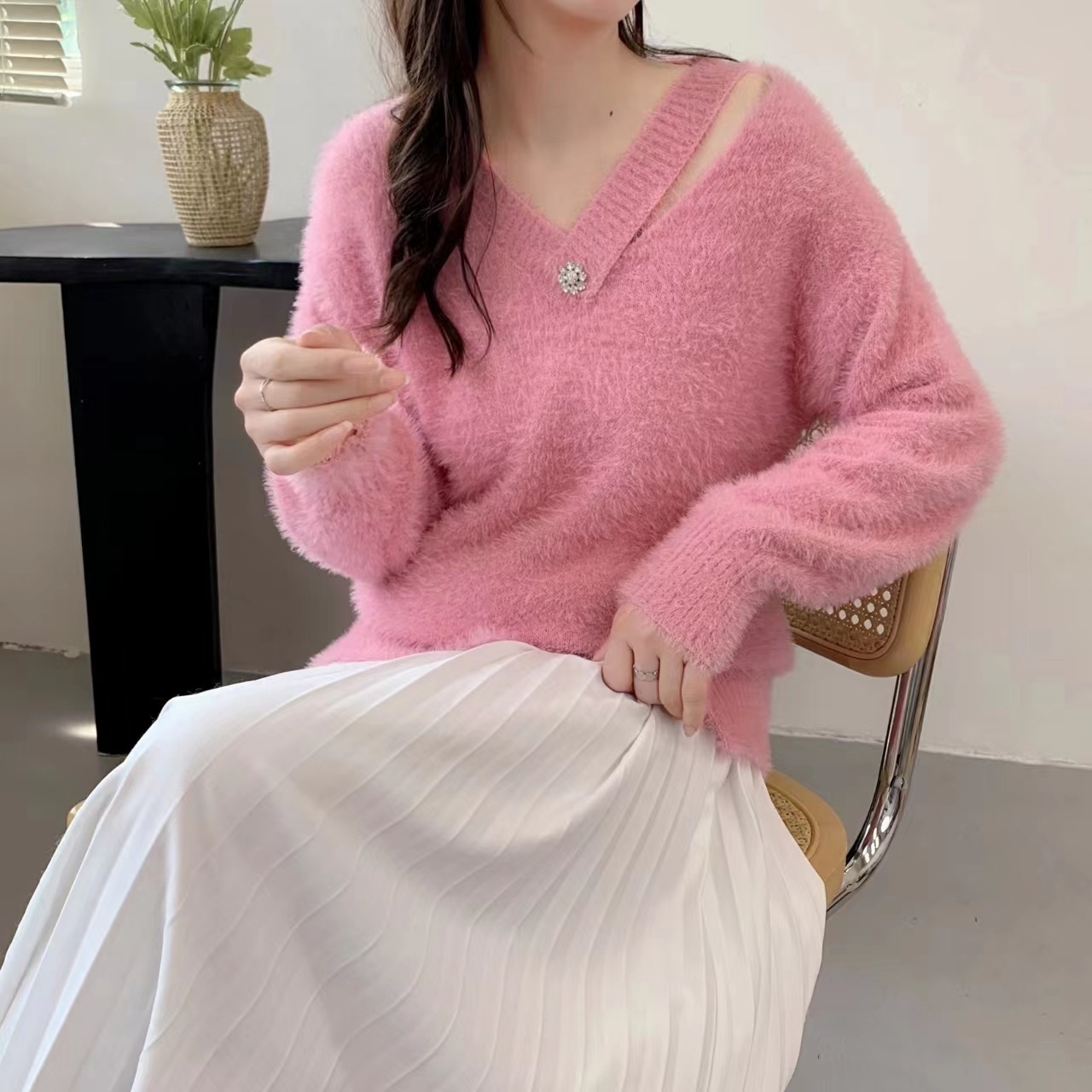 白色水貂絨毛衣女設計感小眾法式氣質秋冬外穿針織衫上衣寬鬆慵懶