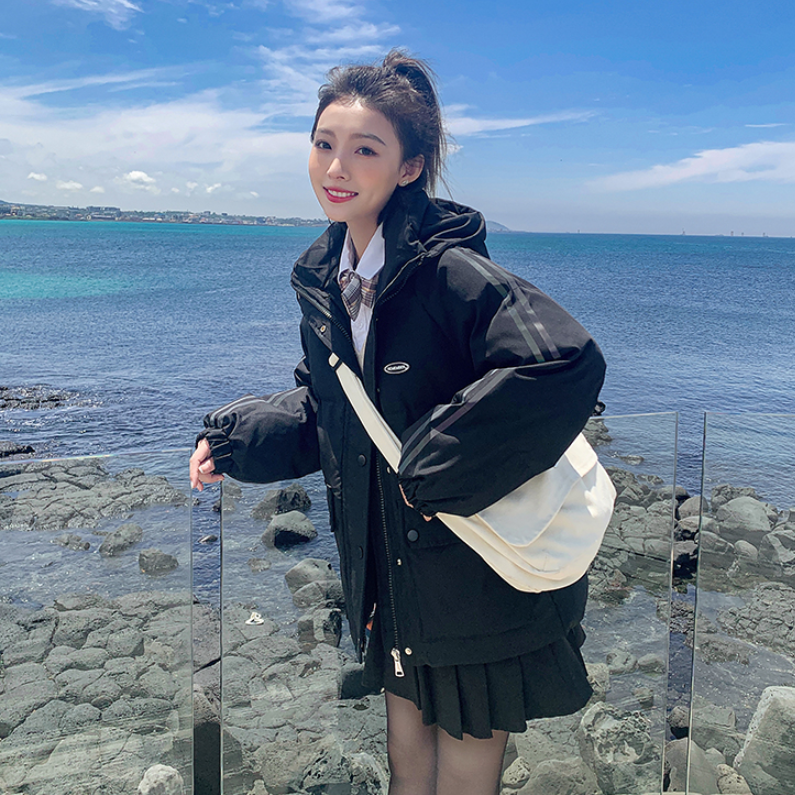 2023冬新韓版棉衣棉服女連帽麵包服短款小個子學院風條紋羽絨服女