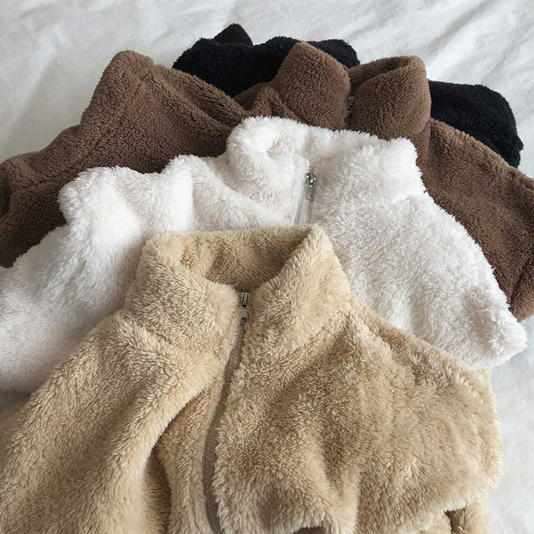 Double-sided plush winter warm loose plush stand collar zipper jacket sweater top