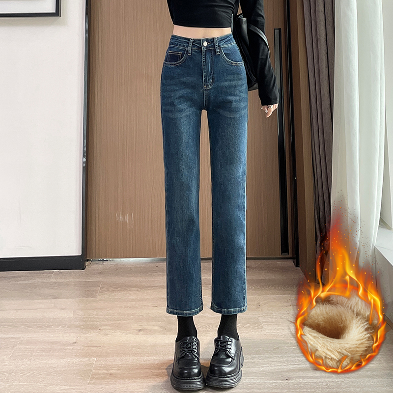 實拍2023秋冬加絨牛仔褲女寬鬆高腰小直筒顯瘦老爹煙管褲九分褲