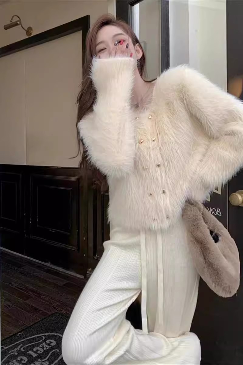 溫柔風毛絨短款外套女秋冬季新款小香風開衫法式寬鬆針織長袖上衣