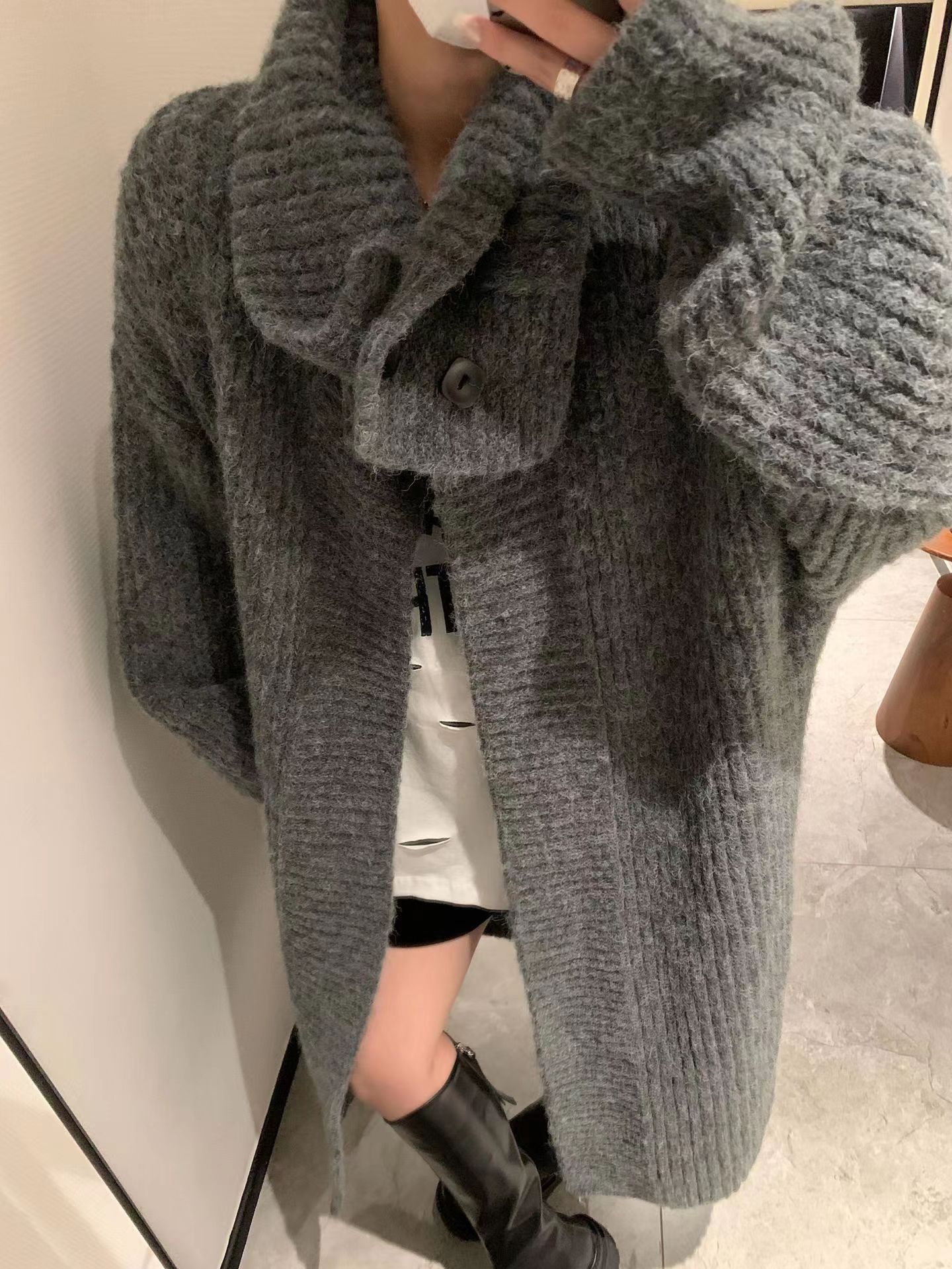 高領翻領純色過膝中長款純色加厚毛衣外套秋冬寬鬆慵懶風女裝