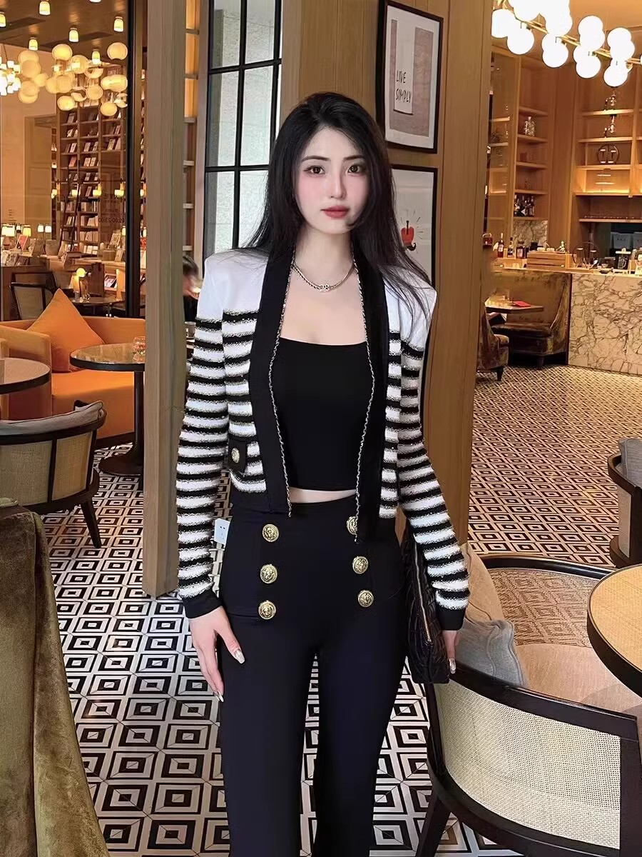 小香風針織開衫女2023秋新款金屬線重工珠片編織條紋氣質名媛外套
