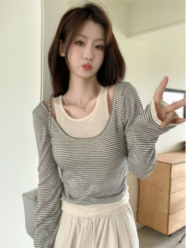 220g 1*1 threaded German velvet fake two-piece striped bottoming shirt for women in autumn slimming short top