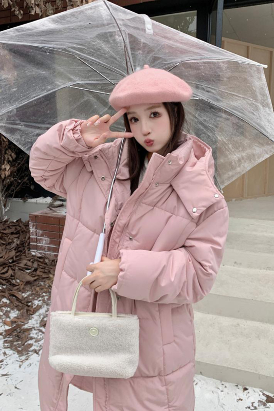 大碼女裝粉色甜美連帽棉衣外套秋冬季胖mm顯瘦寬鬆加厚中長款棉服