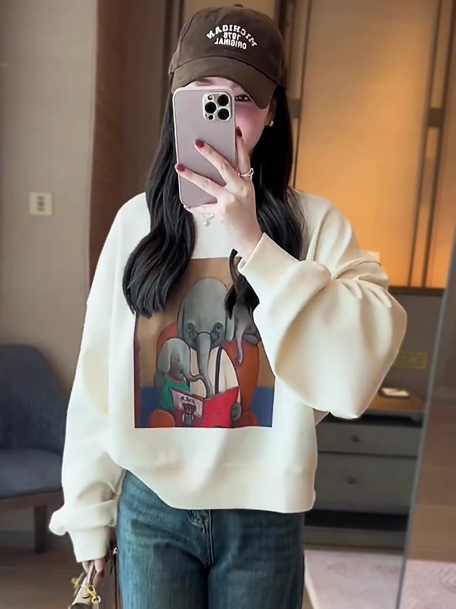 大象圓領套頭衛衣女2023秋季短款洋氣寬鬆休閒減齡酒紅色加絨上衣