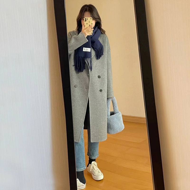 高級感灰色毛呢外套2023年秋冬季韓版加厚小個子呢子大衣女中長款