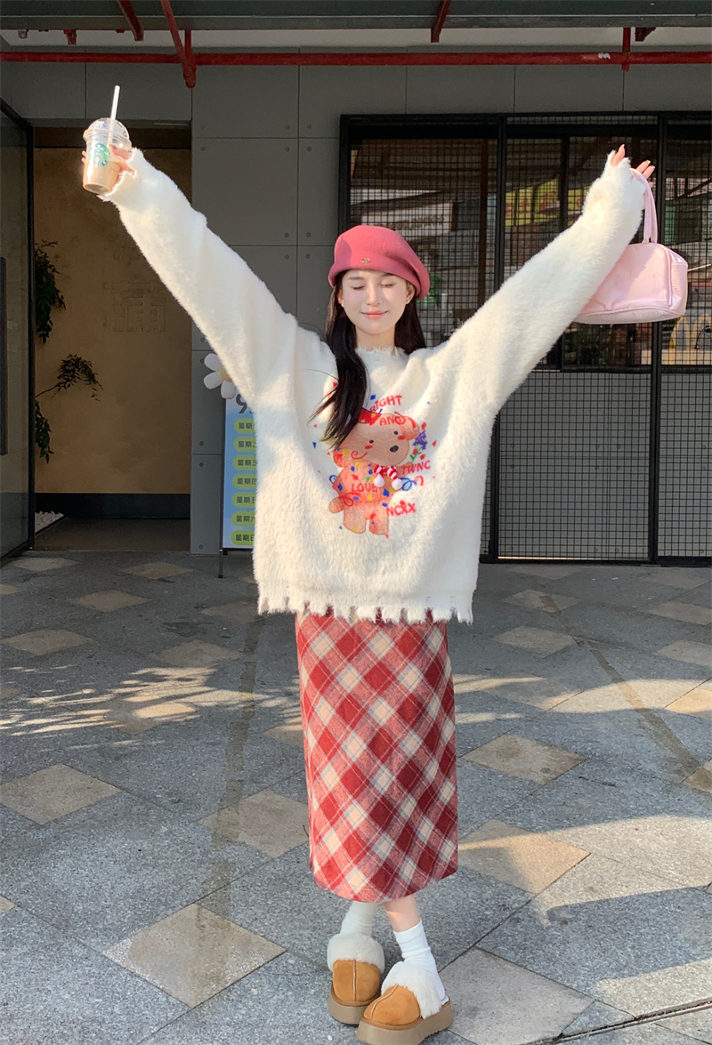 實拍新款慵懶風聖誕小狗提花加厚針織毛衣+高腰格子半身裙