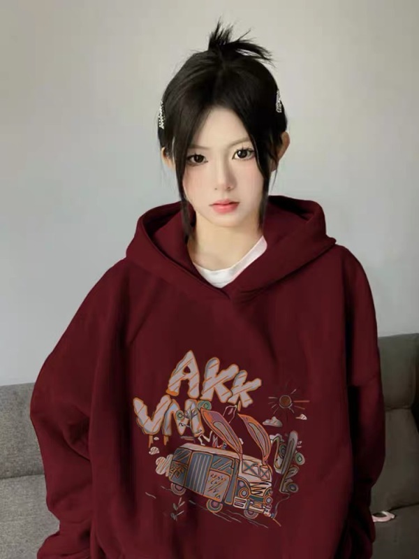 真心牆裂推！很絕！酒紅色衛衣女小個子寬鬆慵懶風秋冬款連帽上衣