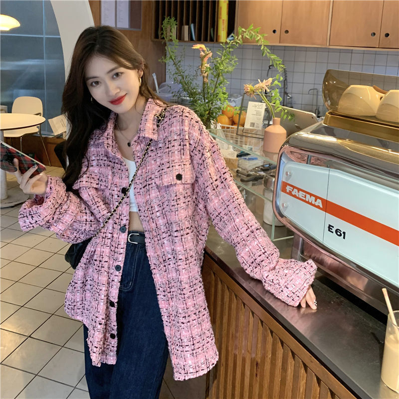 zhish Early autumn pink small fragrance jacket for women ins Japanese contrasting color thin jacket shirt versatile loose trendy brand