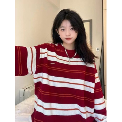 紅色條紋針織毛衣女日系復古慵懶風厚春秋小眾設計高級感上衣外套