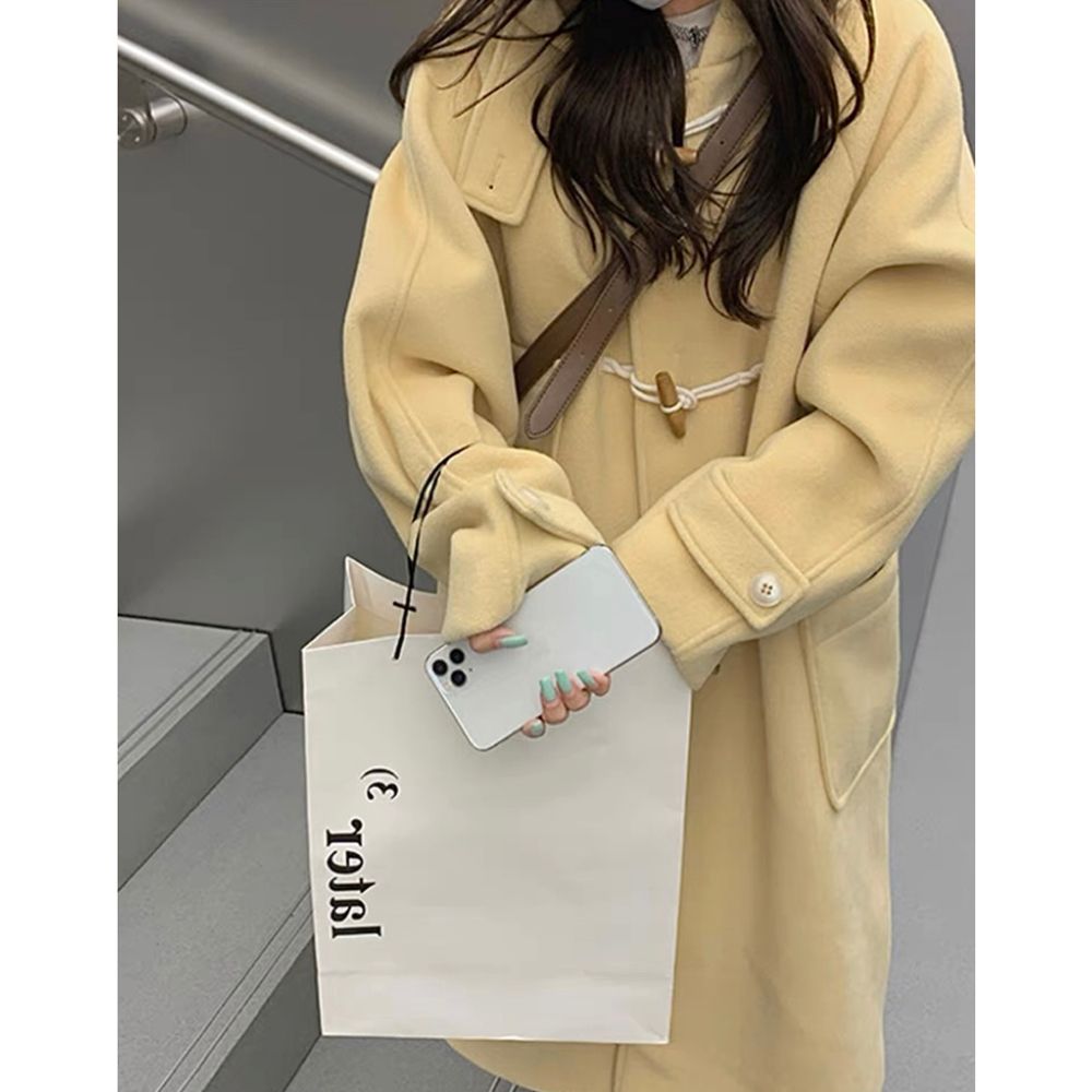 毛呢大衣女牛角扣呢子外套連帽小個子2023新款秋冬中長款