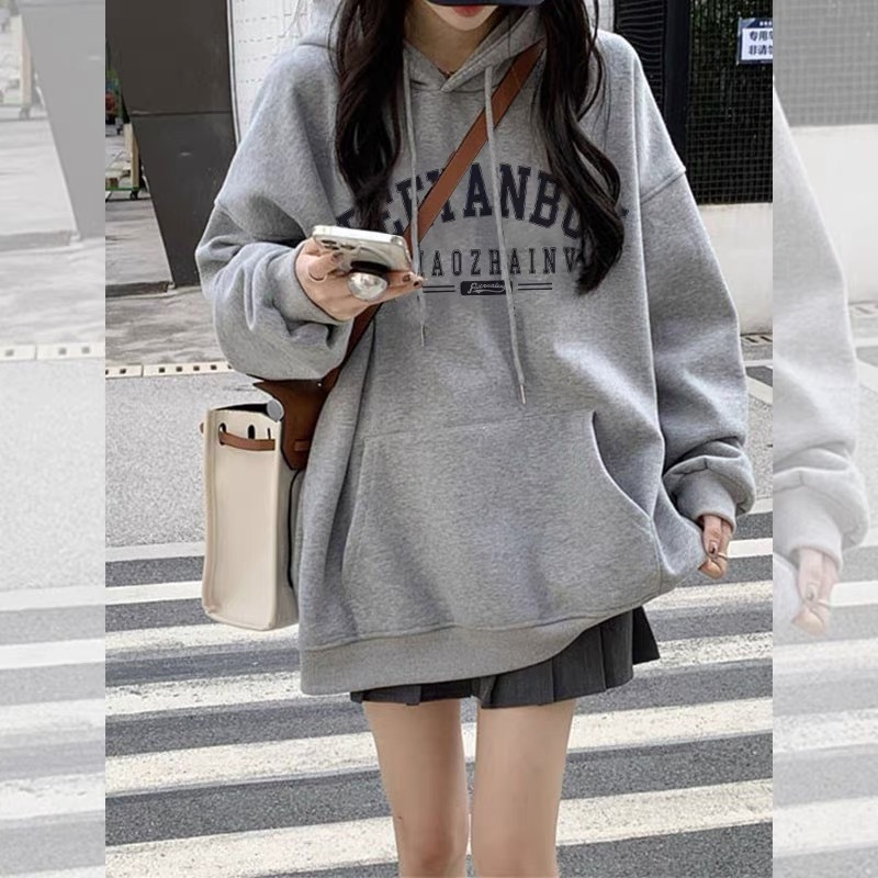 淺灰色連帽衛衣女2023新款秋冬季純棉百搭設計感加絨加厚外套