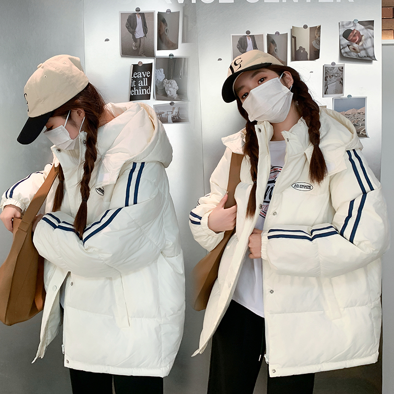 實拍羽絨服2023新款情侶冬季條紋寬鬆百搭加厚棉服麵包服外套ins