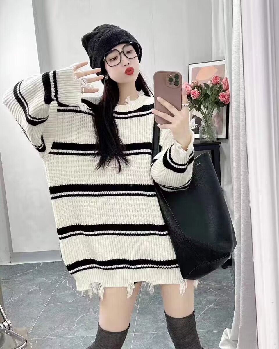 歐貨高級感時尚條紋圓領毛邊針織毛衣女時尚溫柔軟糯慵懶上衣春秋