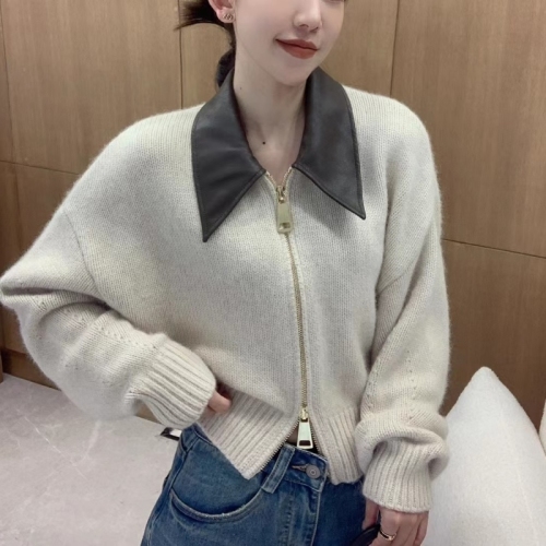 High-end leather POLO collar spliced ​​knitted cardigan double-ended zipper lazy style raccoon velvet jacket top for women