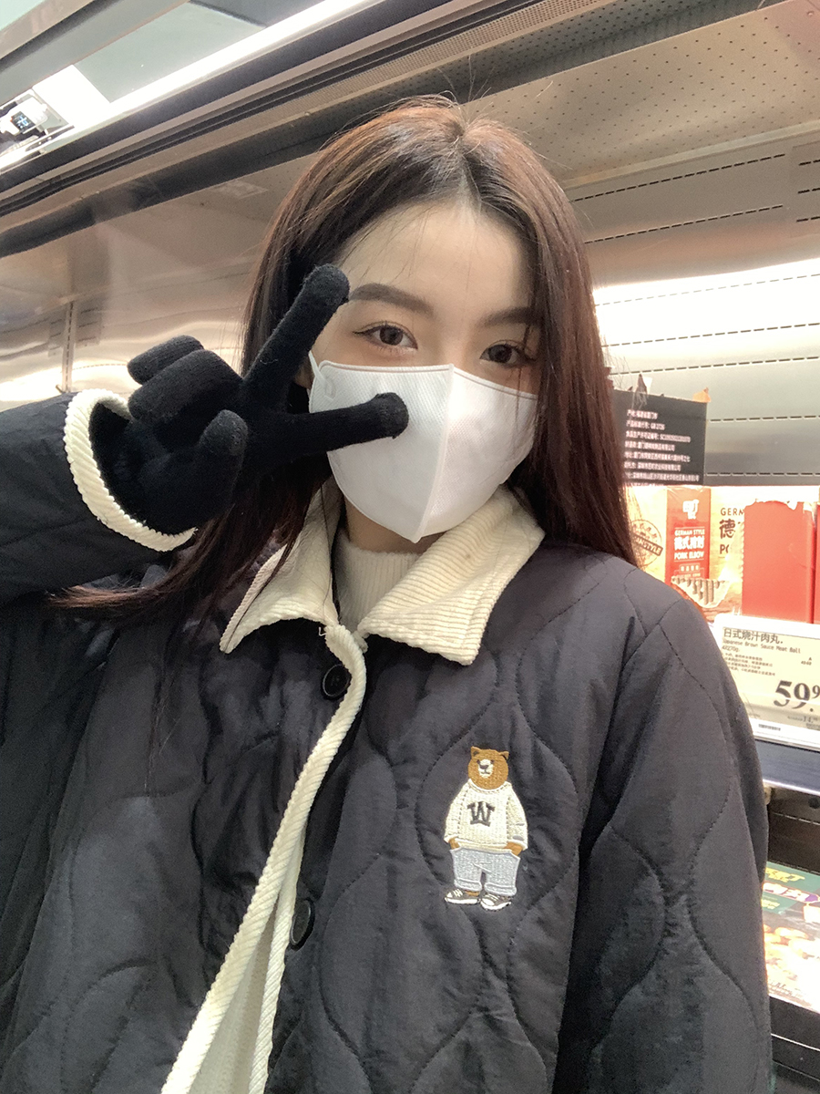 網圖非實拍外套女秋冬撞色拼接翻領2023年韓版新款菱格紋小熊棉服