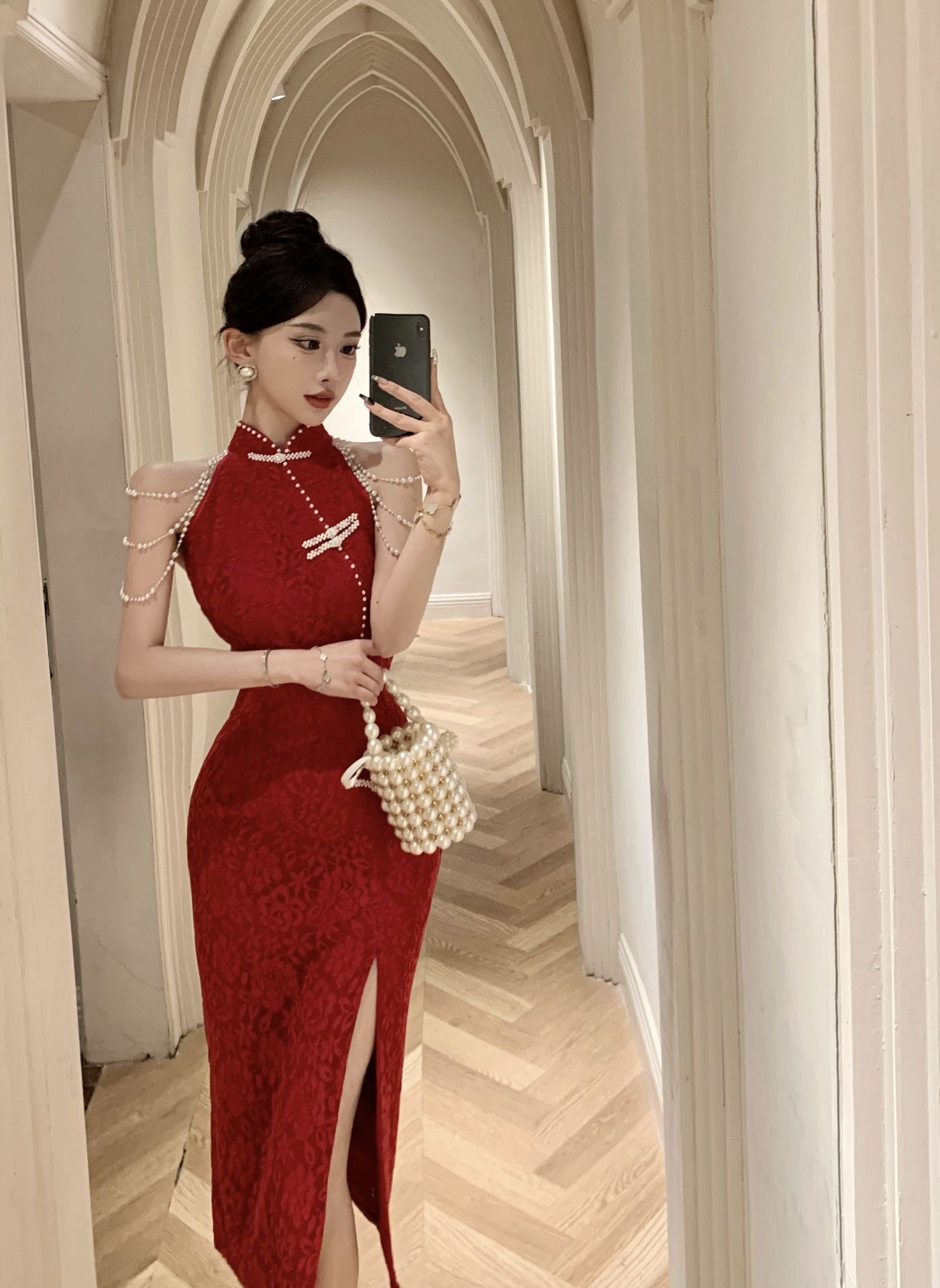 實拍2023新款蕾絲旗袍重工禮服裙連衣裙