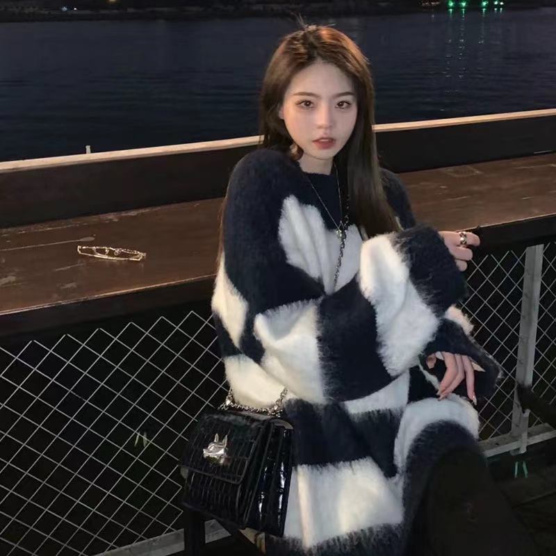 仿貂#加厚毛衣女秋冬軟糯系溫柔韓版寬鬆條紋套頭針織衫長袖上衣