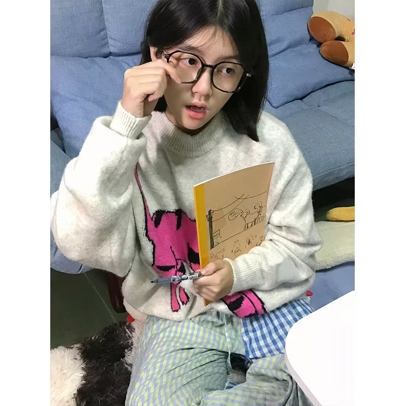 chic慵懶風毛衣女秋冬新款oversize趣味貓咪提花情侶針織衫上衣潮