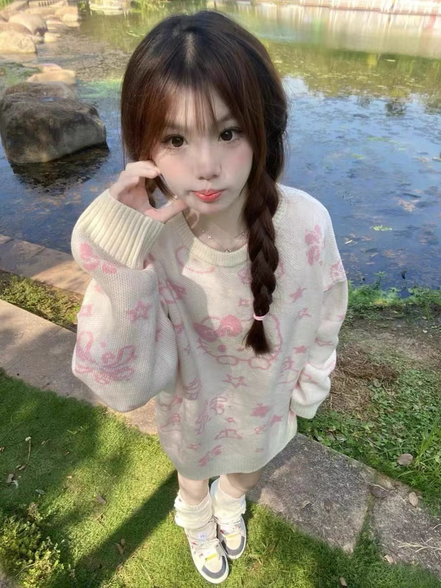 高級感卡通凱蒂貓印花毛衣女秋冬季寬鬆慵懶風針織外套上衣