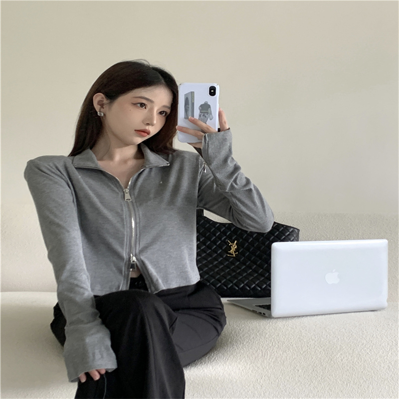 黑色修身雙拉鏈針織開衫外套女秋季新款短款辣妹緊身長袖上衣