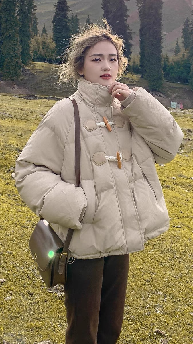 Horn Button Bread Jacket Women's 2023 Winter Thickened Warm Down Cotton Jacket Short Loose Version Cotton Jacket Jacket