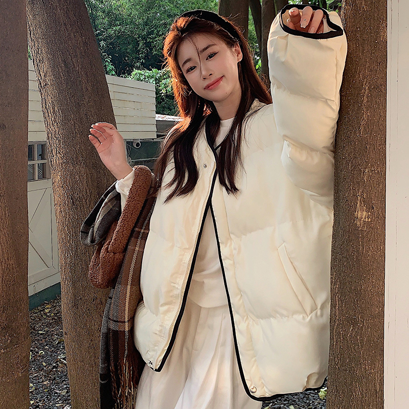 實拍~冬季時尚圓領羽絨服短款小個子休閒韓版撞色拼接麵包服