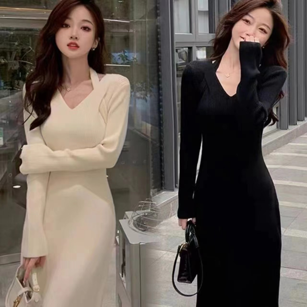設計感小眾心機掛脖修身連衣裙女2023秋冬季新款收腰顯瘦長裙子
