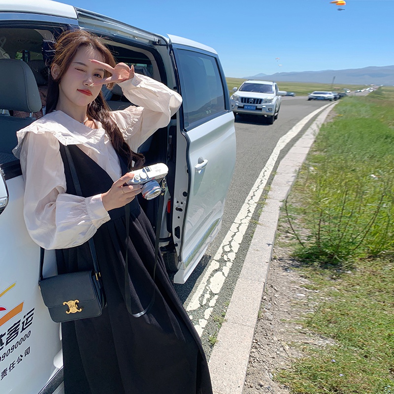 實拍~2023大碼女裝法式溫柔撞色娃娃領連衣裙胖mm百搭連衣裙套裝