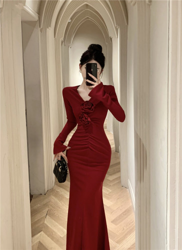 Real shot! V-neck elegant slimming dress long skirt minority design bell sleeves pleated fish tail skirt 