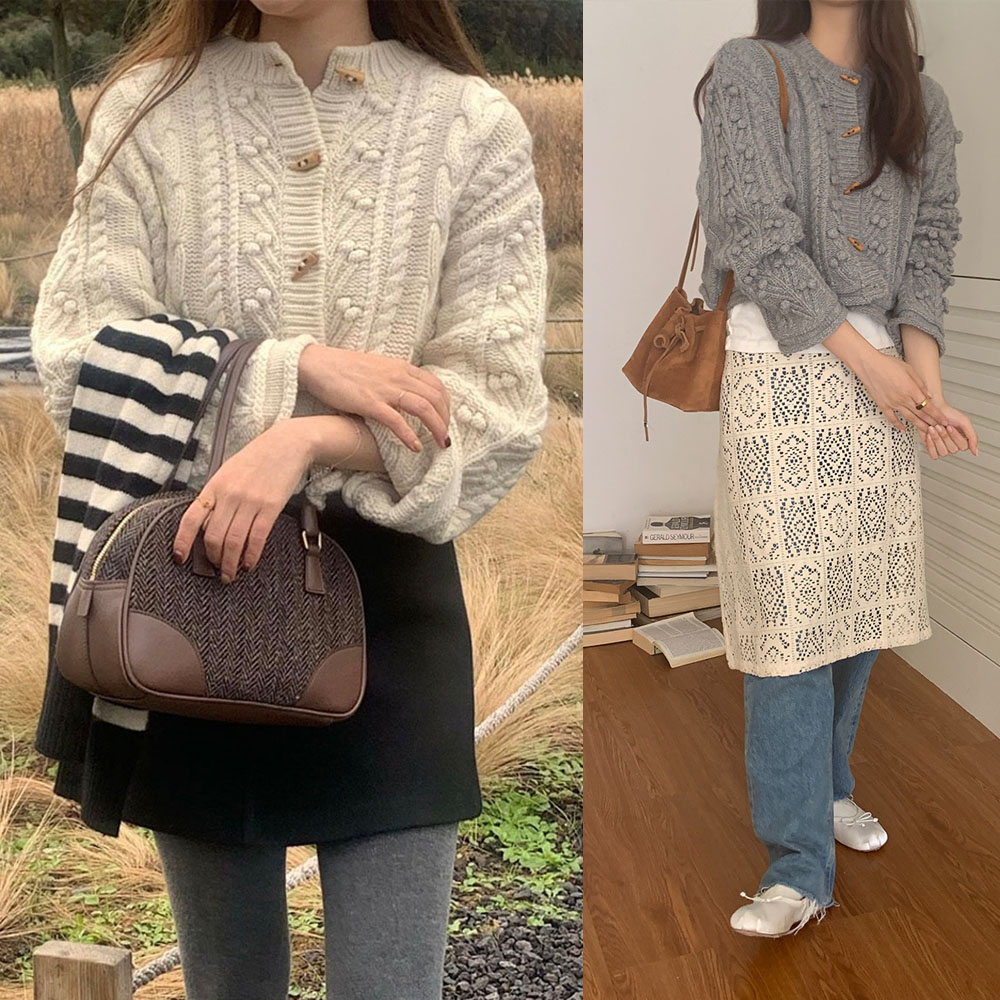 實拍 復古麻花立體手工編織牛角扣減齡少女感開衫厚實短外套毛衣