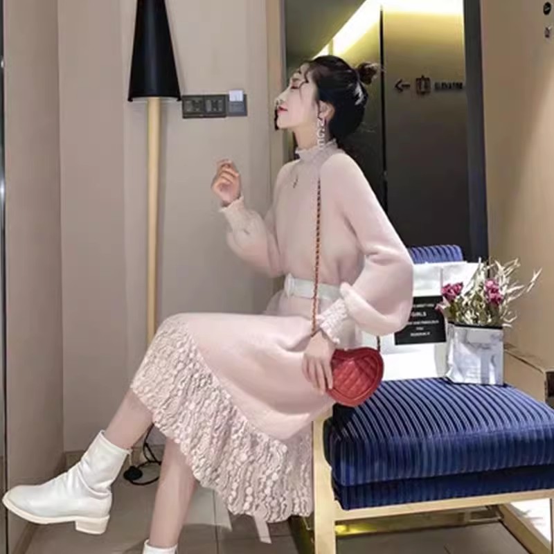 蕾絲拼接毛衣連衣裙女中長款過膝水貂絨針織內搭洋氣仙厚打底裙子