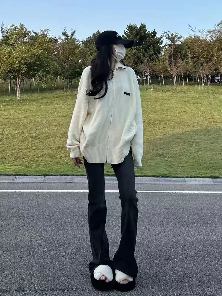 美式標語刺繡高領拉鏈開衫毛衣女秋冬情侶款高級感寬鬆針織衫外套