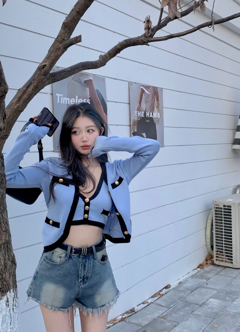 實拍 jes/sica同款小香風撞色羊毛針織開衫吊帶三件套裝裙女